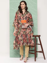 Women Floral Printed Flared Sleeves Gotta Patti Crepe Kaftan Kurta-AHKFCRDP-6067-ICH